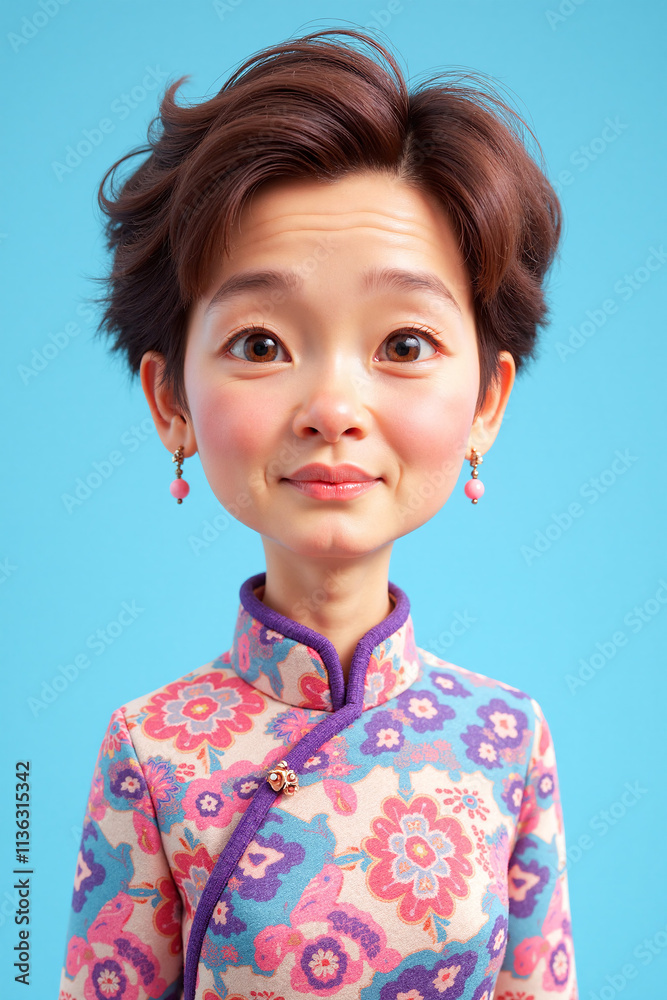 Photorealistic CGI image of an Asian woman with short brown hair, wearing a floral cheongsam, against a bright blue background. Photorealistic CGI image of an Asian woman with short brown hair, wearing a floral cheongsam, against a bright blue background.
