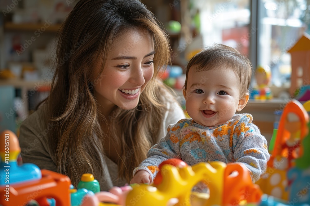 Mother joyfully engages with her baby in a colorful nursery full of toys Mother joyfully engages with her baby in a colorful nursery full of toys