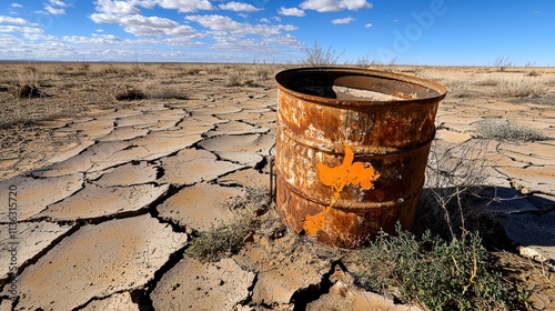 Rusty Barrel on Cracked Desert Ground with Blue Sky and Clouds photo
