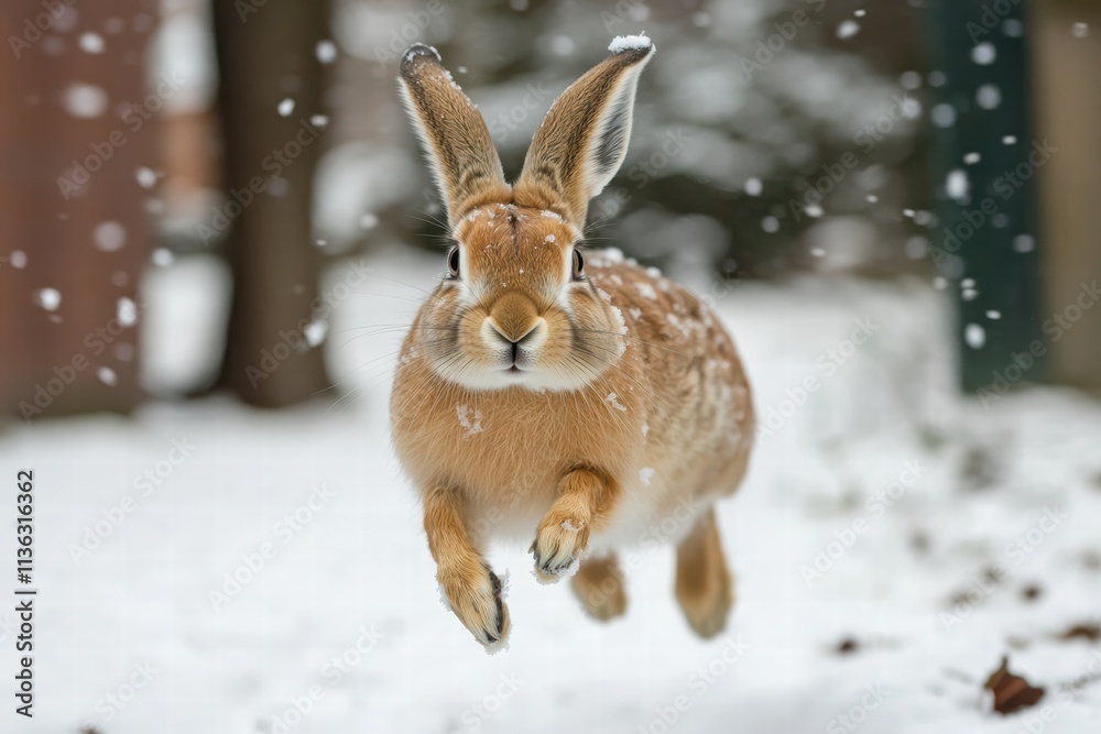 Playful hare leaps through snow in a winter wonderland scene Playful hare leaps through snow in a winter wonderland scene