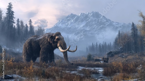 Realistic brown wooly mammoth standing in a prehistoric mountainous landscape. Ice age wilderness, ecosystem animation. Extinct ancient mammal species. Paleolithic period, evolutionary biology.
