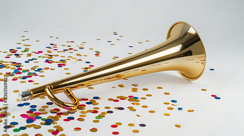 Obraz premium A shiny gold New Yeara??s party horn surrounded by confetti, isolated on white.