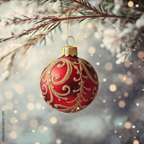 Close-up of Christmas Ornament Hanging on a Snowy Tree Branch photo