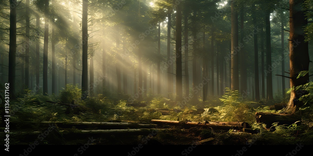 Obraz premium Nature outdoor forest with sun lights rays background. Adventure realxing