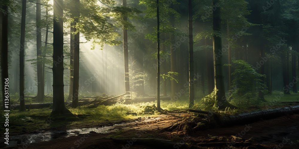 Obraz premium Nature outdoor forest with sun lights rays background. Adventure realxing