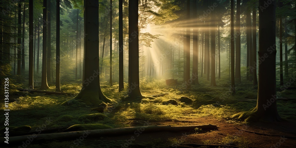 Obraz premium Nature outdoor forest with sun lights rays background. Adventure realxing