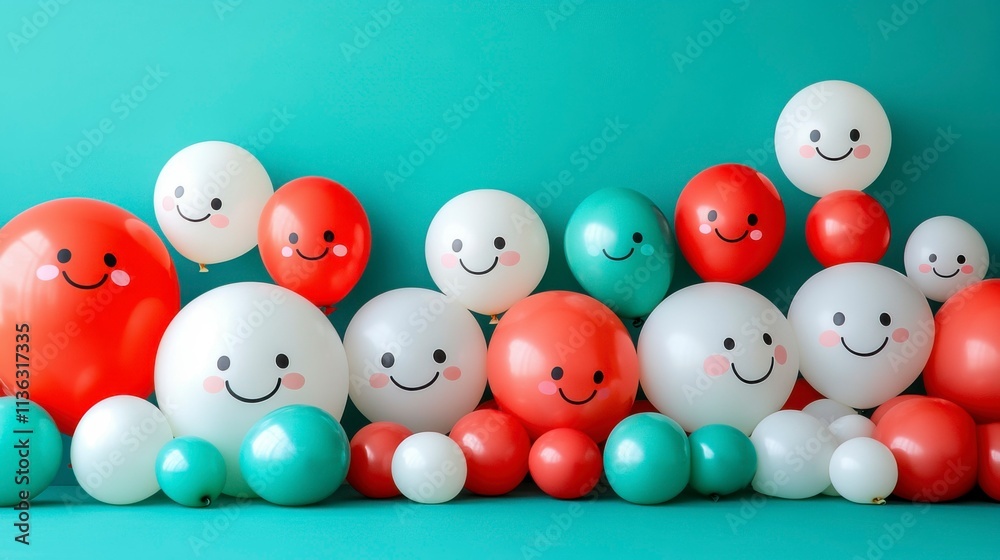 A joyful balloon family featuring different shapes and sizes each with smiling faces floating together in a lively and cheerful composition full of fun A joyful balloon family featuring different shapes and sizes each with smiling faces floating together in a lively and cheerful composition full of fun