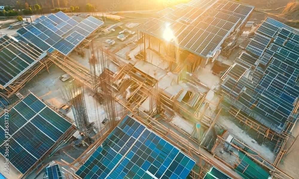 Aerial view of a construction site featuring solar panels and scaffolding structures.