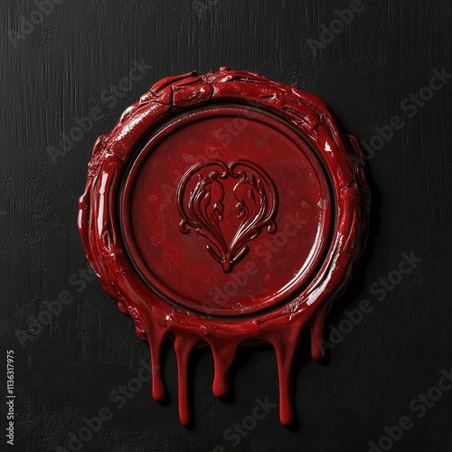 A red wax seal featuring an intricately designed heart shape is dripping down against a stark black background. This artistic display highlights the beauty of traditional craftsmanship and creativity