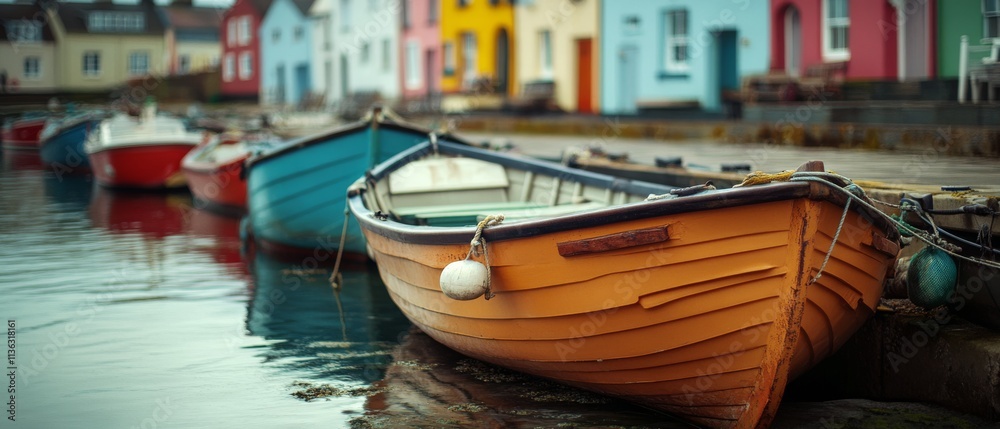 Obraz premium A row of colorful boats rests quietly by the harbor, their vibrant hues reflecting the lively spirit of the picturesque village.