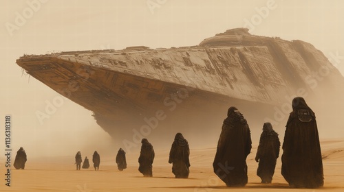 Pilgrims Approach Crashed Spaceship in Desert