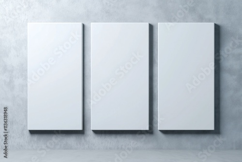 Three blank vertical canvases hanging on concrete wall mockup