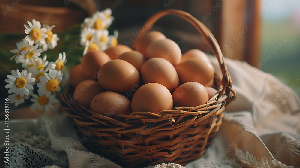 Basket filled with fresh brown eggs, isolated on a white background for a natural look. Basket filled with fresh brown eggs, isolated on a white background for a natural look.