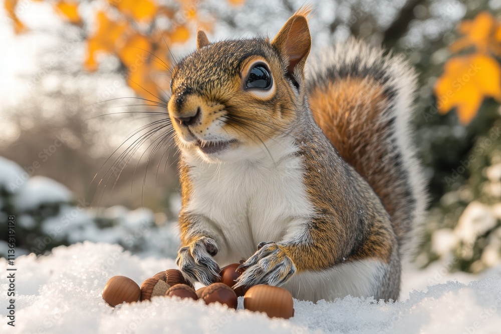 Squirrel searching for acorns in snow during a chilly winter afternoon Squirrel searching for acorns in snow during a chilly winter afternoon