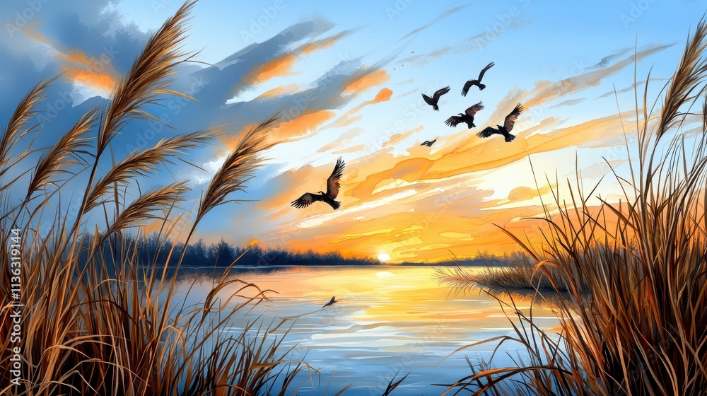 Obraz premium Serene Sunset Over Tranquil Water with Flying Birds and Golden Grassland