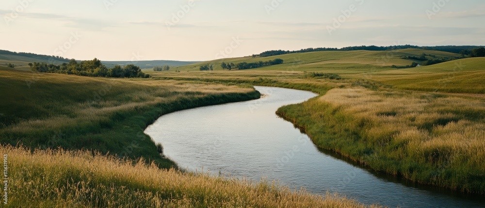 A winding river glides through lush, verdant terrain beneath the golden glow of a setting sun, creating a tranquil tapestry of nature. A winding river glides through lush, verdant terrain beneath the golden glow of a setting sun, creating a tranquil tapestry of nature.