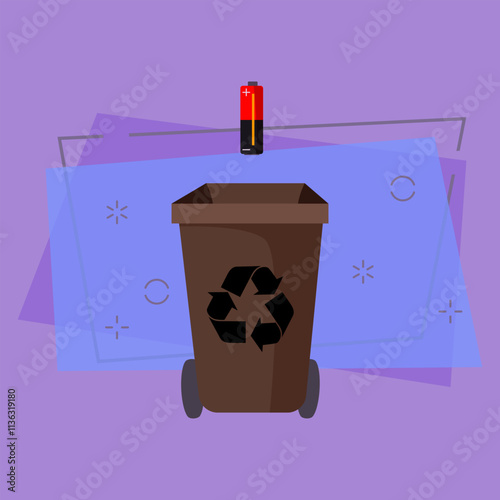 Brown trashcan and battery. Refuse container with recycling sign and wheels. Garbage concept. Vector illustration can be used for topics like waste sorting, environment, garbage