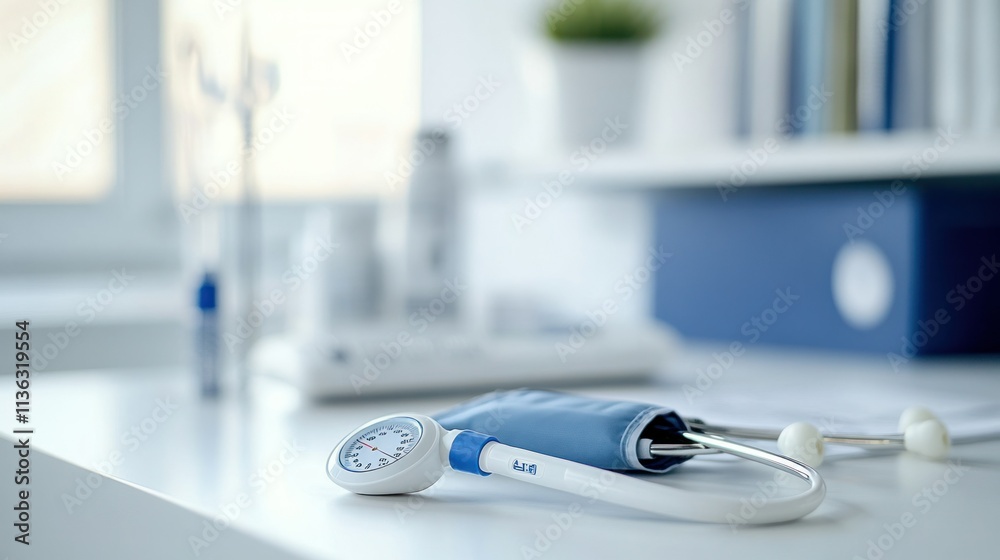 Close-up of a digital thermometer and blood pressure cuff on a white table, representing basic medical diagnostics Close-up of a digital thermometer and blood pressure cuff on a white table, representing basic medical diagnostics