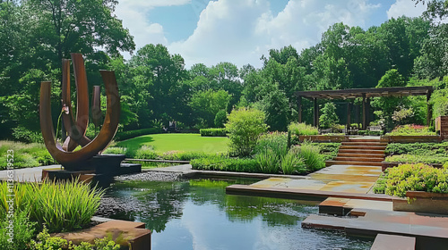 A serene garden featuring a sculpture, water features, and lush greenery.