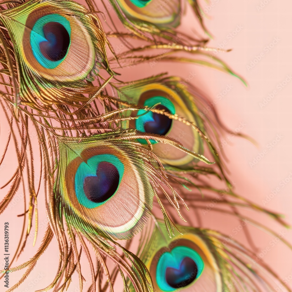 Naklejka premium Delicate peacock feathers exhibit a stunning array of colors and patterns. The feathers are positioned against a soft pink background, highlighting their natural beauty and elegance