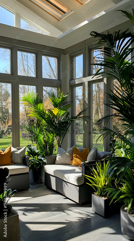 A bright, inviting sunroom filled with lush plants and cozy seating. A bright, inviting sunroom filled with lush plants and cozy seating.