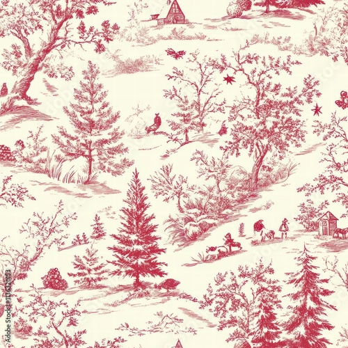 This vintage toile design showcases detailed rural landscapes adorned with trees, animals, human figures, and quaint structures in a striking red and cream color combination photo