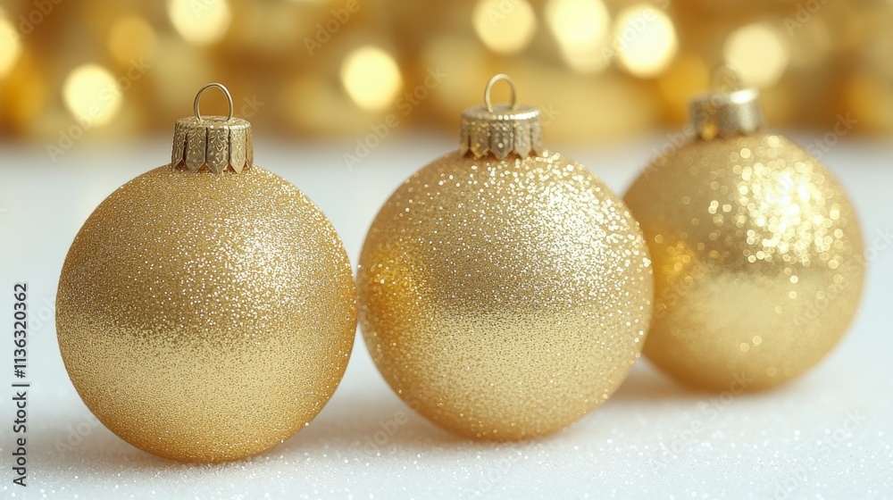 A close-up of shimmering gold Christmas ornaments resting gently with a blurred background highlighting their intricate details in a festive and elegant setting A close-up of shimmering gold Christmas ornaments resting gently with a blurred background highlighting their intricate details in a festive and elegant setting