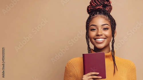 Beautiful young happy woman with braids holding a passport on a beige background