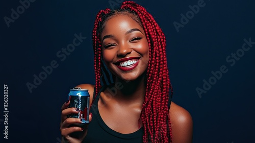 Beautiful young happy woman with braids holding a soda can on a navy blue background