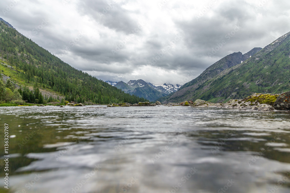 Fototapeta premium Multinskoye lake. Lake number two (second lake or middle lake). The Multin lakes near Multa village, Altai republic, Russia