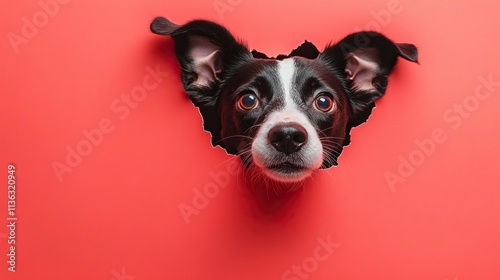 Charming dog neck ravel peeking through a hole in a pastel red cartoon background. The animalÃ¢â‚¬â„¢s head pokes through a hole. Cheerful and colorful card with copy space. photo