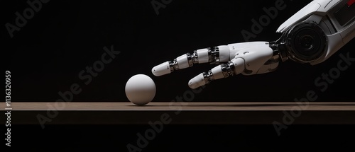 A robotic hand extends towards a white ball resting on a wooden surface, highlighting the delicate interaction between technology and physical objects in a subdued lighting setting photo