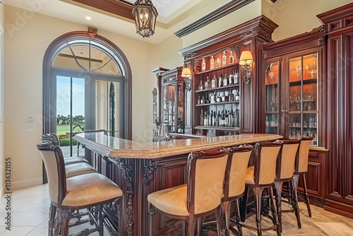 Elegant home bar with wooden cabinetry and seating  designed for leisure and social gatherings.