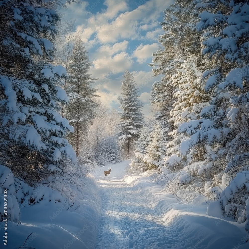 A serene winter forest features a snow-covered path lined with tall trees. A deer stands gracefully in the distance, illuminated by soft morning light