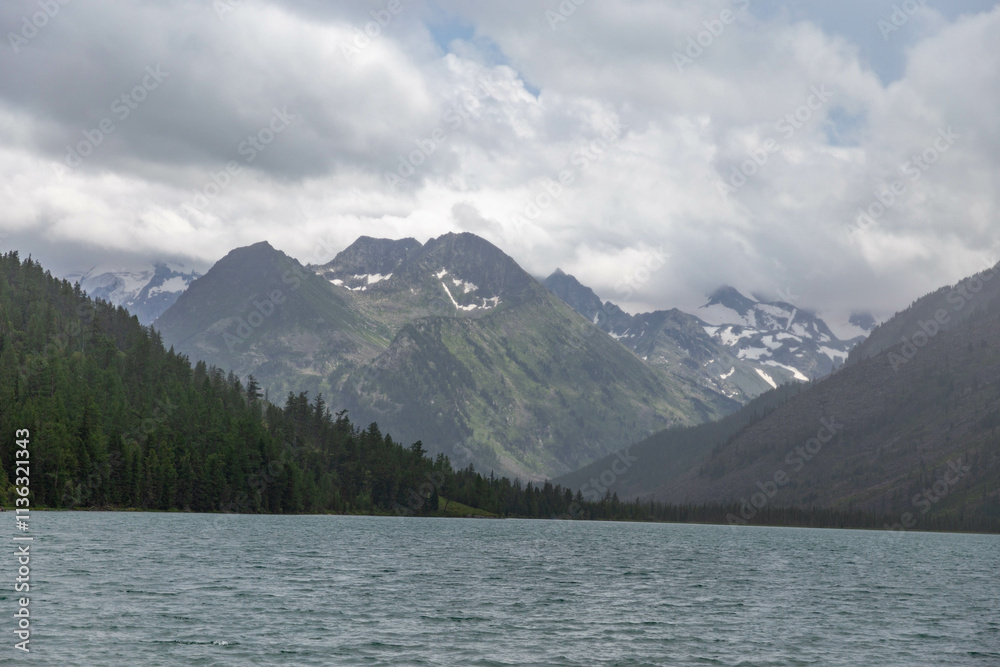 Multinskoye lake. Lake number two (second lake or middle lake). The Multin lakes near Multa village, Altai republic, Russia Multinskoye lake. Lake number two (second lake or middle lake). The Multin lakes near Multa village, Altai republic, Russia