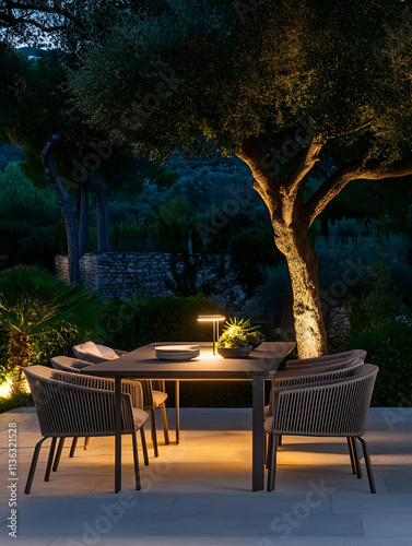 A serene outdoor dining area illuminated at night, surrounded by lush greenery.