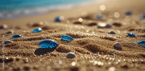 Sand With Blue diamonds, Beach Summer Defocused Background With Glittering Of Sunlights. beach sand is made of crushed blue diamonds, the sea is filled with shimmering pearls photo