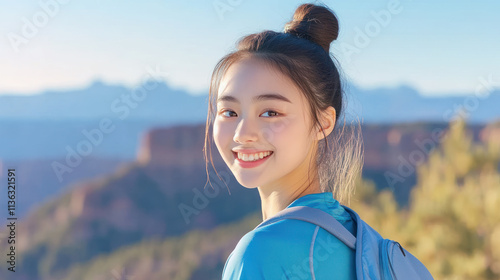 Chinese girl in blue athleisure doing outdoor activity at grand canyon