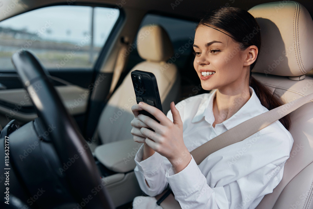 Woman sitting in car using cell phone while looking out the window at the road ahead, multitasking and focused on both the device and her surroundings Woman sitting in car using cell phone while looking out the window at the road ahead, multitasking and focused on both the device and her surroundings