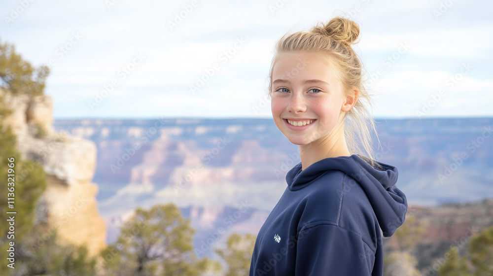 Caucasian girl in blue athleisure doing outdoor activity at grand canyon Caucasian girl in blue athleisure doing outdoor activity at grand canyon