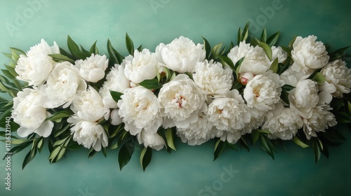 A luxurious row of lush white peonies rests on a jade green textured canvas, showcasing their delicate petals and pairing of classic and contemporary elements. photo