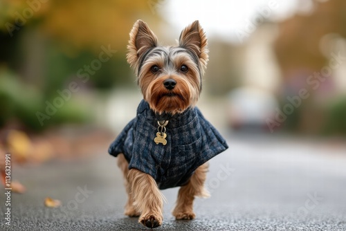 Yorkshire terrier sportingly dressed while walking on a peaceful street in autumn photo