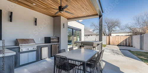 Modern outdoor kitchen with dining area and grill in a stylish backyard setting.