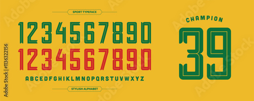 Champion 39: Retro inline sport number concept. Classic jersey design with green, yellow, and red color. Vector illustration