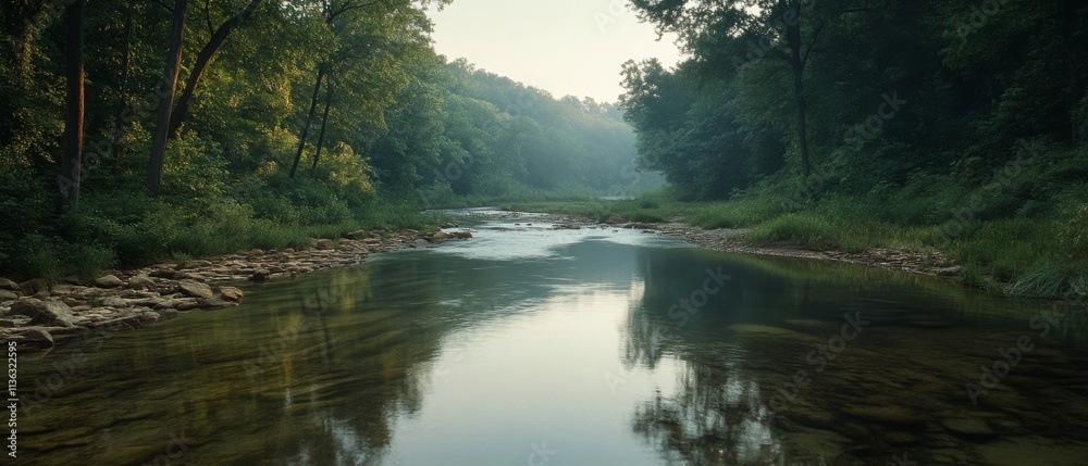 In serene solitude, a wide, gentle river flows silently through a lush green forest, nestled in nature's embrace under the soft glow of dawn. In serene solitude, a wide, gentle river flows silently through a lush green forest, nestled in nature's embrace under the soft glow of dawn.