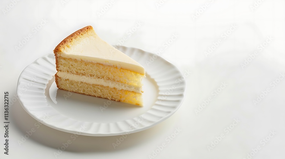 Clean white ceramic plate with a perfectly sliced cake piece, isolated on a white background for a modern look.