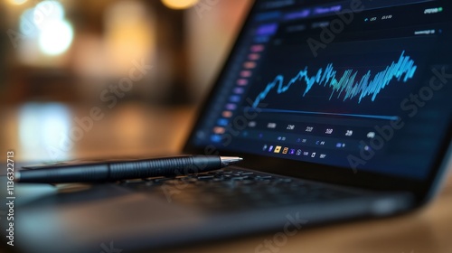 Close-up of a laptop screen with a US tech companys quarterly earnings graph, a pen resting beside it