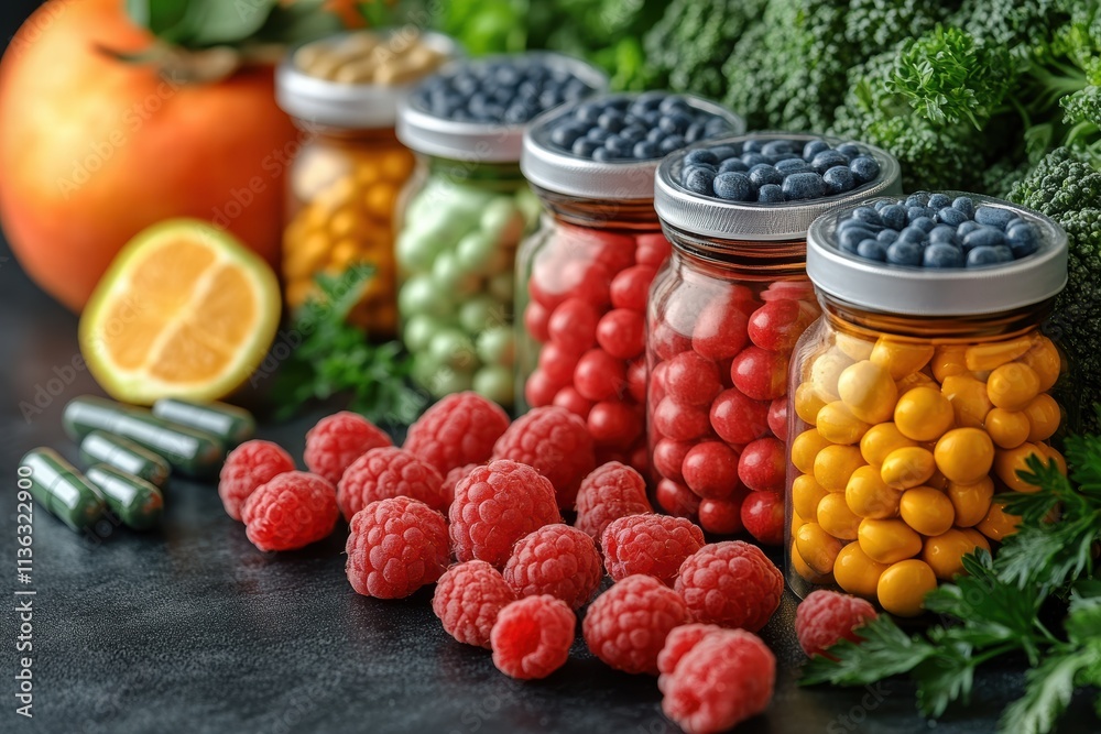 Colorful jars of vitamins and fresh produce displayed on a countertop Colorful jars of vitamins and fresh produce displayed on a countertop