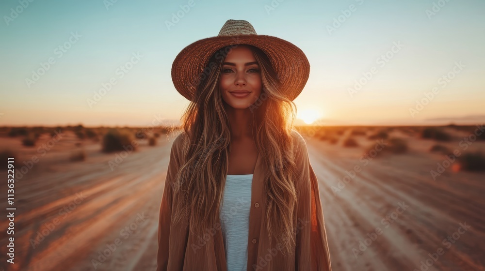 A woman in a straw hat and casual attire smiles warmly in a desert setting, representing joy, warmth, and the timeless beauty of natural landscapes. A woman in a straw hat and casual attire smiles warmly in a desert setting, representing joy, warmth, and the timeless beauty of natural landscapes.