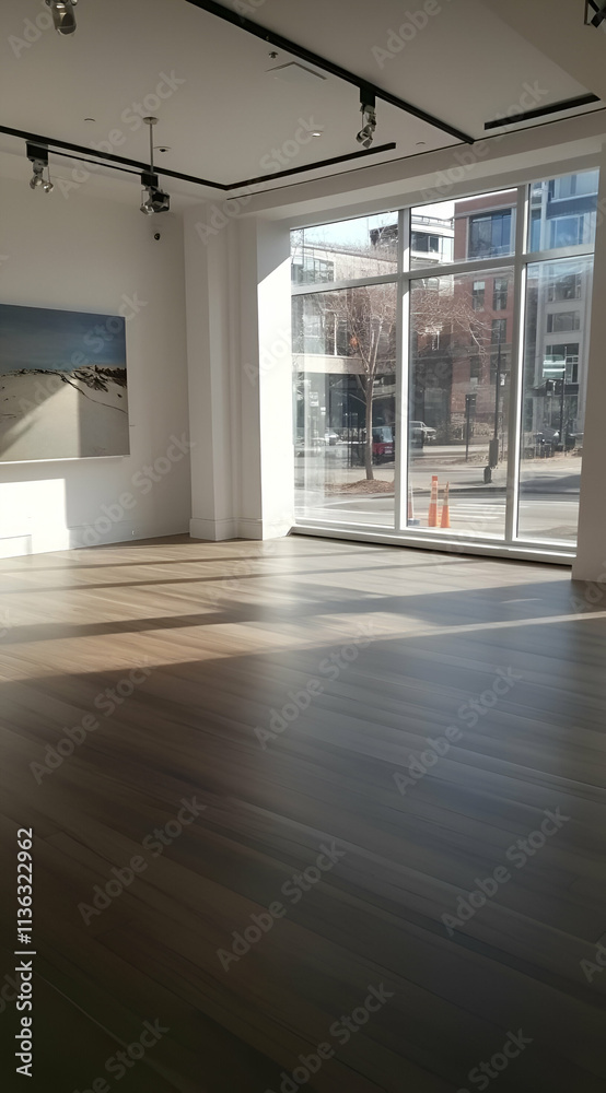 Fototapeta premium A bright, empty gallery space with large windows and wooden flooring.
